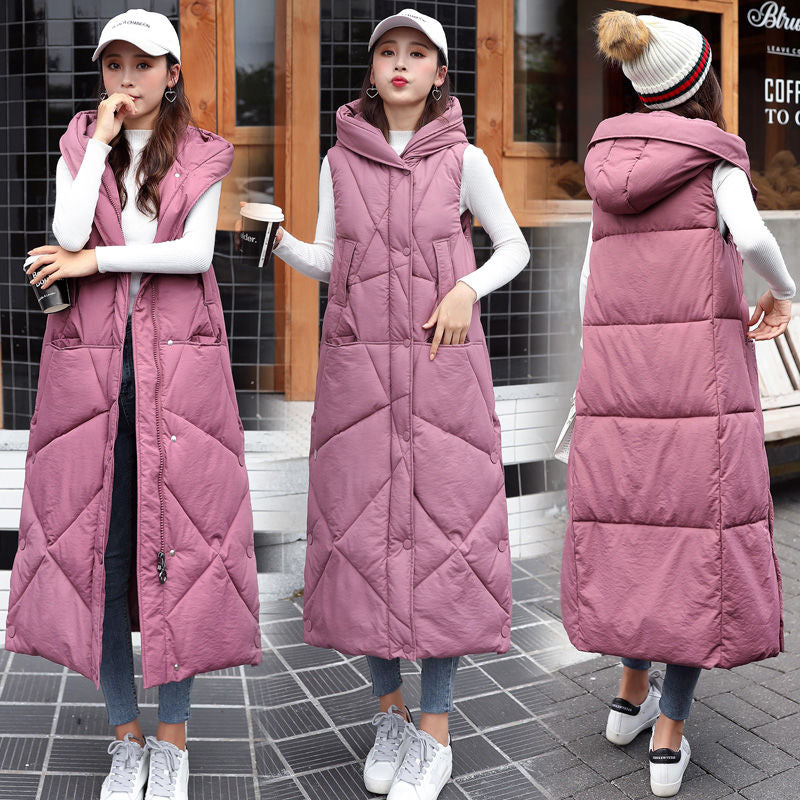 2021 New Women Autumn Winter Female Hooded Sleeveless Outwear Long Waistcoat Korean Loose Warm Thick Cotton Padded Vest Overcoat