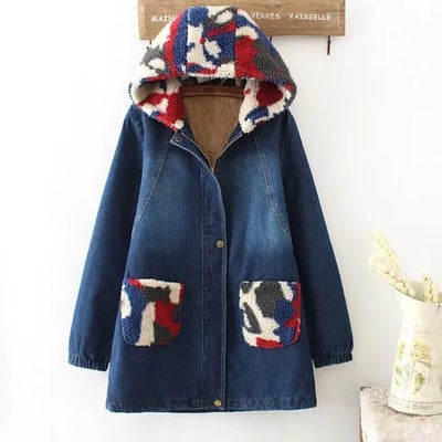 Korean mori girl winter clothes female do old lambs wool color matching hat big bag long style cowboy cotton coat