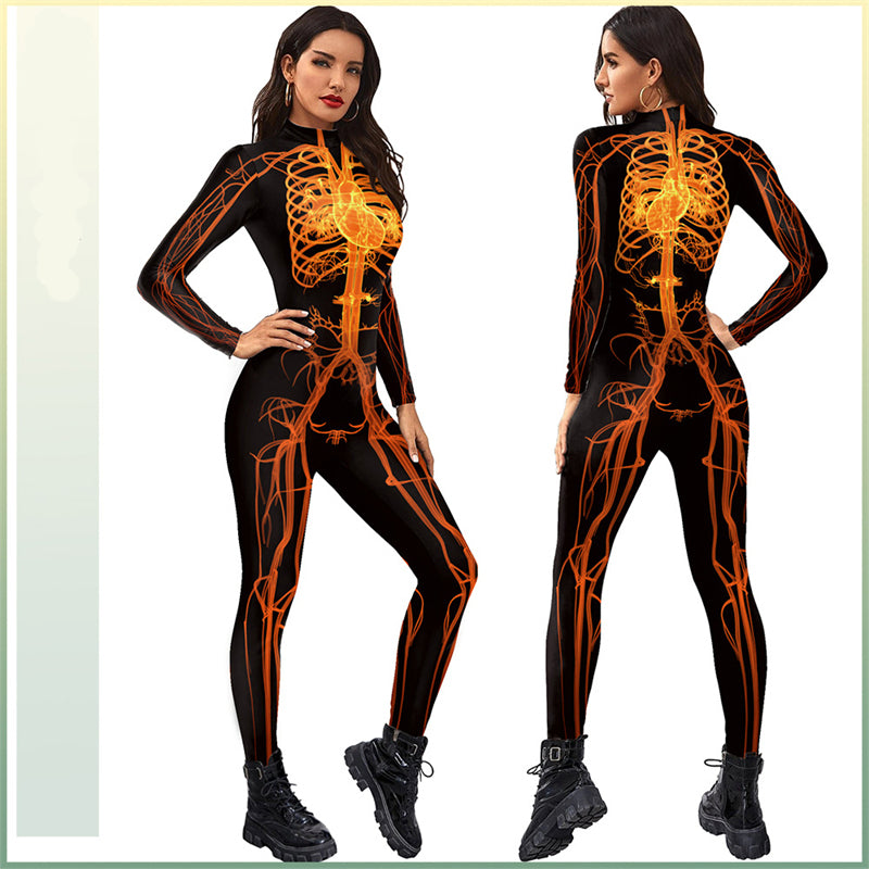 Fashion Women Cosplay Human Body Orange Meridian Tights Aldult Performance Suit Digital Print Jumpsuit Scary Role Costumes 2022