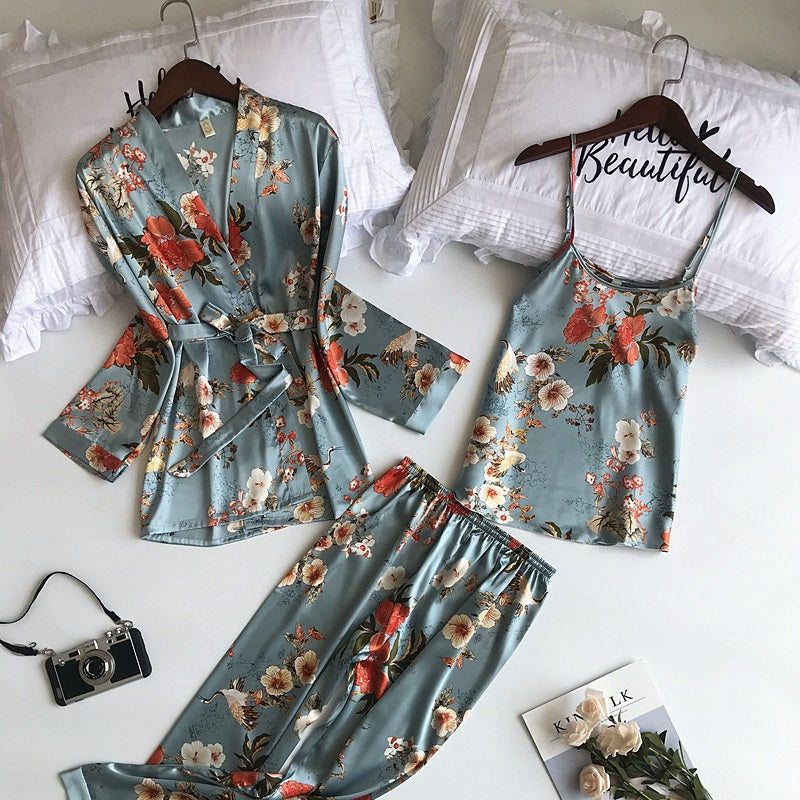 New 3 Pieces Pyjama Set 2021 Women Spring Summer Sexy Silk Pajamas Sets Satin Sleep Suit Cute Nightwear Home Clothes Sleepwear