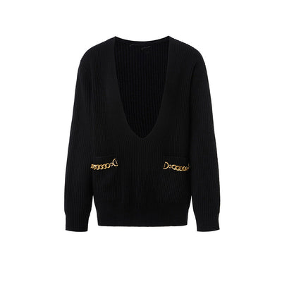 Women Deep V Neck Sweater Metal Chain Wool Knit Pullover Black or Green Female Casual Tops