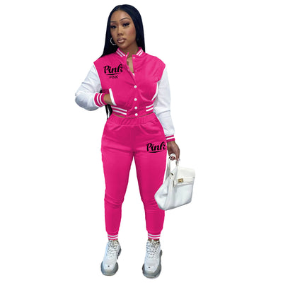 New Spring Autumn Two Piece Sets Letter Pink Printed Baseball Bodycon Pants Set Sweatsuits 2 Piece Varsity Tracksuit Outfits