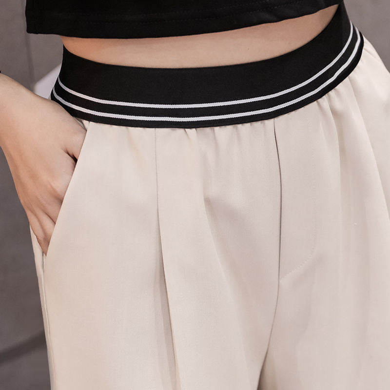 2021 New Spring Autumn Women Personality Elastic High Waist Patchwork Trousers Female Fashion Wide Leg Loose Pleated Pants O208