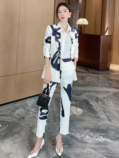 VGH Two Tone Sets For Women Casual Notched Long Sleeve Blazers High Waist Full Length Pants Female Colorblock Two Piece Set 2021