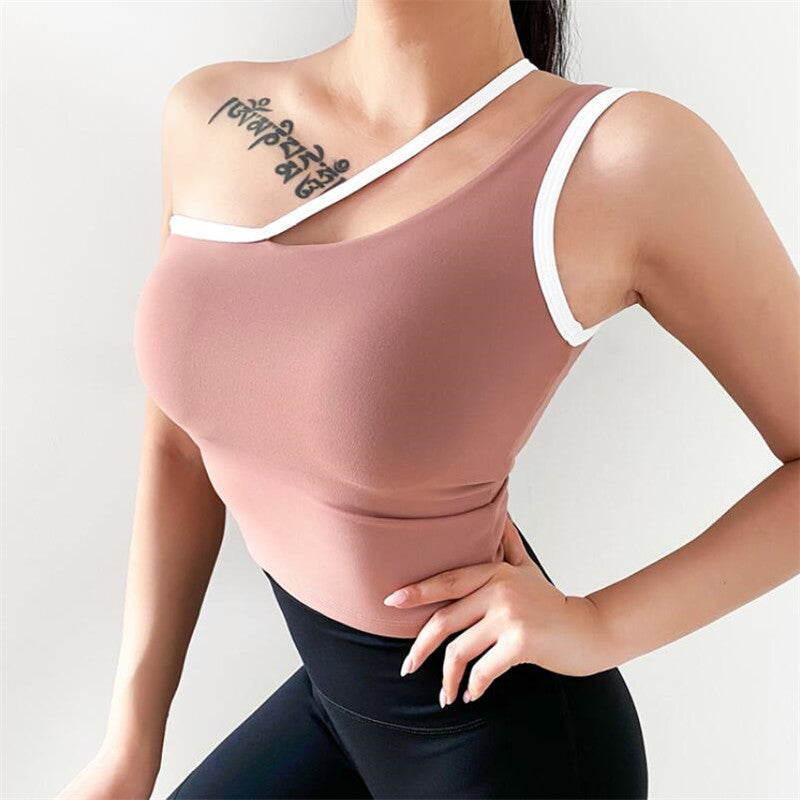 Removable Chest Pad Yoga Crop Top Single Shoulder Sport Vest Shockproof Running Workout Shirts Training Tight Top