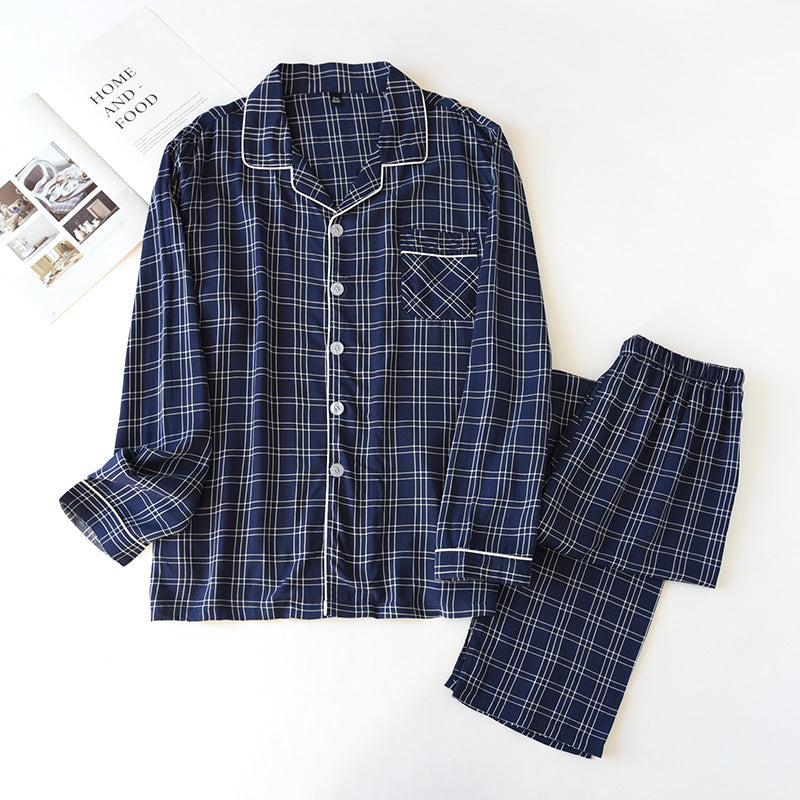 Cotton silk pajamas long sleeve long trousers plaid men&#39;s underwear summer thin rayon home two piece set turn down collar suit