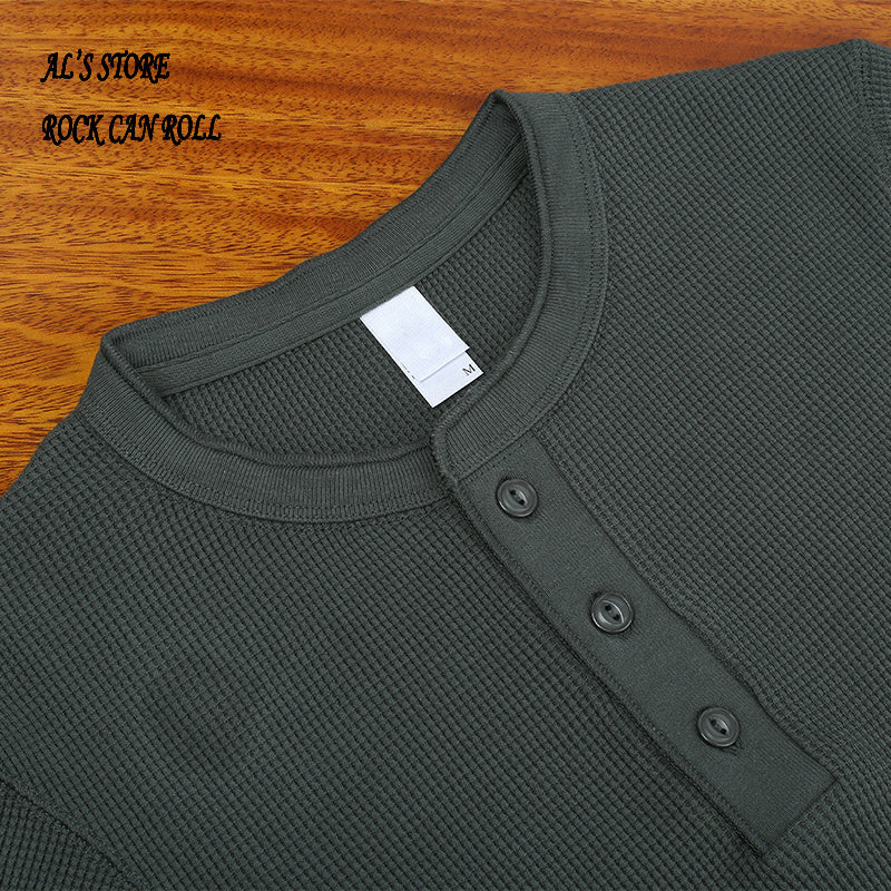 AL6117 Asian Size 300GSM 10.5oz Casual Henley Tee Cotton Super Flexible Waffle Pattern T Shirt 12 Colours