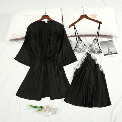 Lace Patchwork 2PCS Nighty&Robe Set Sexy Perspective Kimono Gown Satin Bathrobe Lady Intimate Lingerie Silky Home Clothes