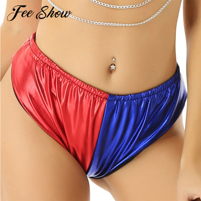 2021 Women Adults Halloween Jester Cosplay Exotic Panties Shiny Metallic Elastic Waist Red and Blue Color Block Hot Booty Briefs