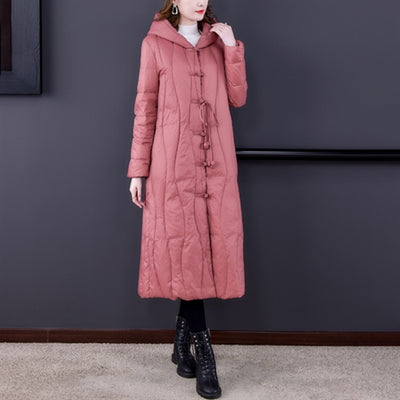 Mid-Length Hooded Disc Button Down Jacket Ladies Winter Retro Style Jacket