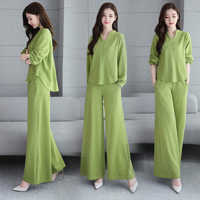Women New 2021 Spring Autumn Simple Solid Color Long Sleeve Tops + Wide Leg Pants Suit Female Casual 2 Piece Trousers Sets Y379