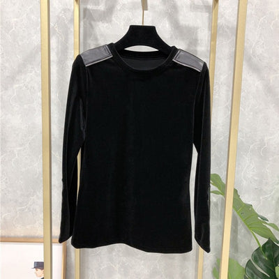 Real Leather Patchwork Tops Women O-Neck Long Sleeve Casual T Shirts Autumn Winter Slim Fit Pullover Office Lady T-Shirts S-3XL