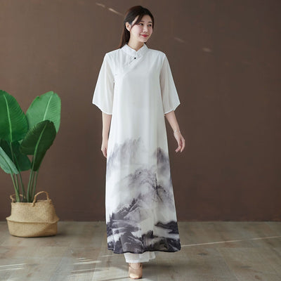 2021 Chinese Style Dress Cheongsam Collar Shirt Vestido Women&#39;S Summer Sundress Female Robe Vintage Femme Print Maxi Dress 11176