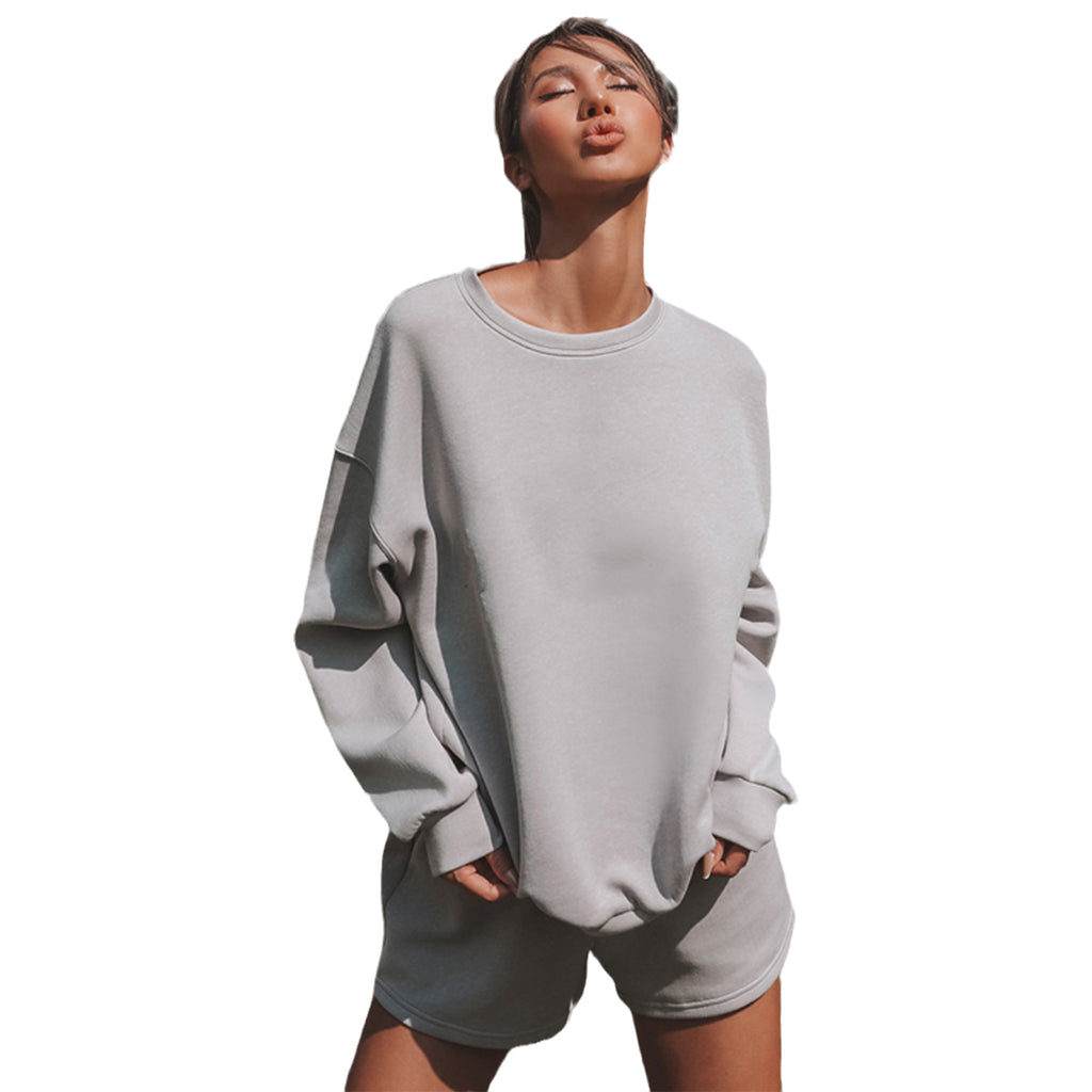 2021 Women Two-piece Clothes Set Solid Color Round Collar Long Sleeve Tops and Elastic Waist Shorts, Khaki/ Pale Yellow/ Grey