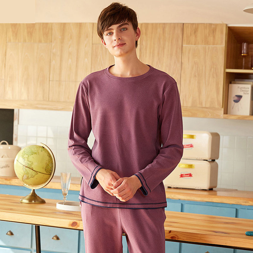 Autumn Men Pajamas Sets O-Neck Solid Color Double-Sided Sanding Sleepwear Man Long Sleeve Leisure Male Plus velvet Nightie