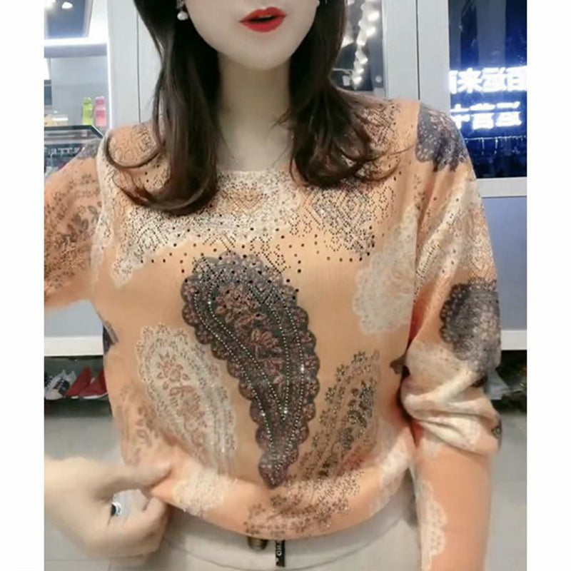 Autumn Winter O Neck Printing Diamonds Sweater Ladies Loose Casual Pullover Knitting Top Women Fashion Trend All-match Jumpers
