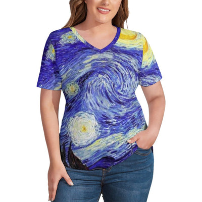 Mountains Print T-Shirts Abstract Galaxy Fashion V Neck T-Shirt Short-Sleeve Funny Plus Size Tee Shirt Summer Graphic Clothes