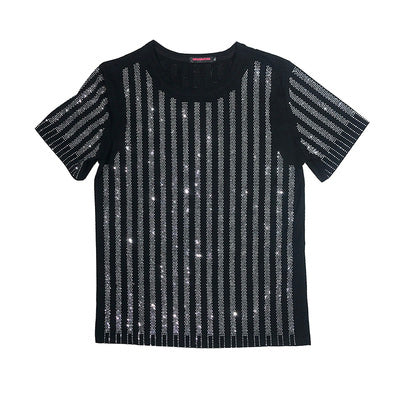 Freeship mens rhinestone stripe short sleeve black fashion T shirt/party/stage/bling style