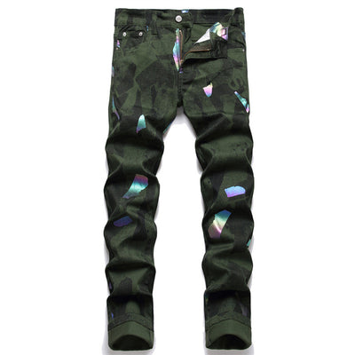 Fashion Digital Printed Jeans Green Slim Streetwear Hip Hop Denim Pants Men Harajuku Casual Jeans Trousers