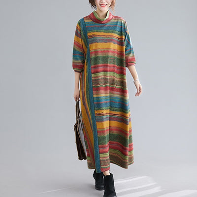Vintage Women'S Clothing 2021 Spring New China National Long Sleeve Irregular Striped Oriental Dress Loose Maxi Robe Femme 11480