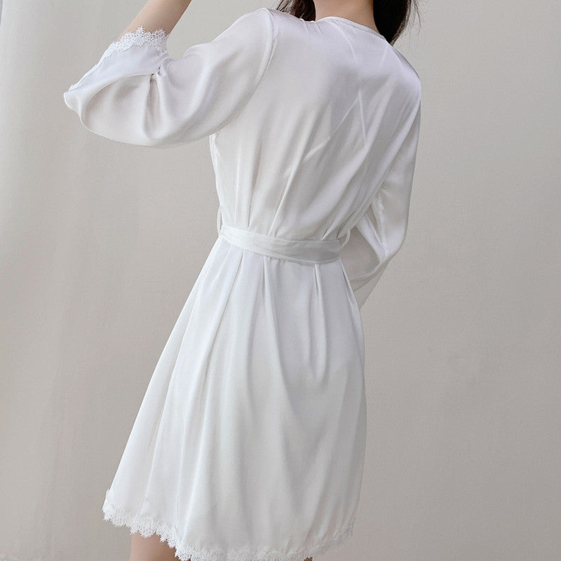 Hollow Out Lace Women Sleepwear Suspender Nightgown Suit White Satin Wedding Robe Sexy Loose Kimono Bathrobe Intimate Lingerie