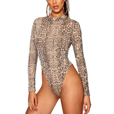 HOT SALE Women Sexy Bodycon Snake Print Long Sleeve Romper Tops High Neck Clubwear Party Romper Bodysuit Streetwear