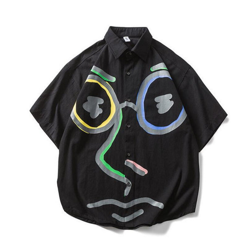 Graffiti Print Half-Sleeved Shirts Men&#39;s Summer Loose Japanese Tide Brand Shirt Casual Five-Point Sleeve Shirt