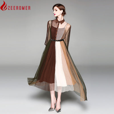 ZEEROMER New Fashion 2022 Summer Long Flare Sleeve Party Dress Vestidos Women Mesh Patchwork Turn Down Collar Sashes Long Dress