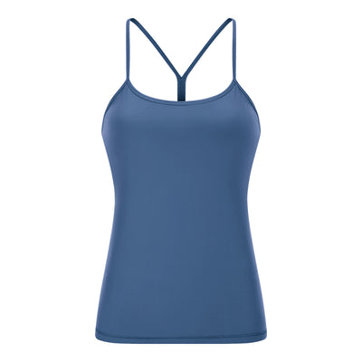 Women Spaghetti Strap Yoga Shirt with Built in Bra Sleeveless Fitness Top Sports Camisole Hip Length Slim Fit Gym Workout Tanks