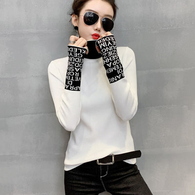 Spring Autumn Knitted Sweater Office Lady Turtleneck Pullover Slim Fit Contrast Sleeves Korean Fashion Sweter Damski