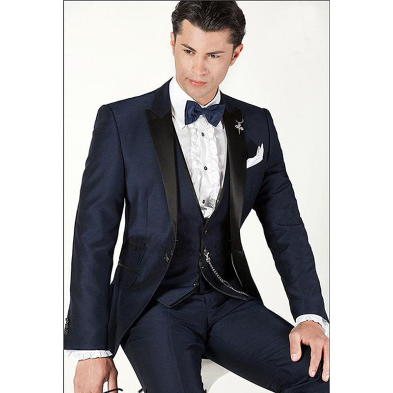 Dark Blue Groom Tuxedos Bridegroom Men Suits For Wedding Slim Fit Tailoring 3Pieces Blazer Trousers Party Wear Jacket+Pants+Vest