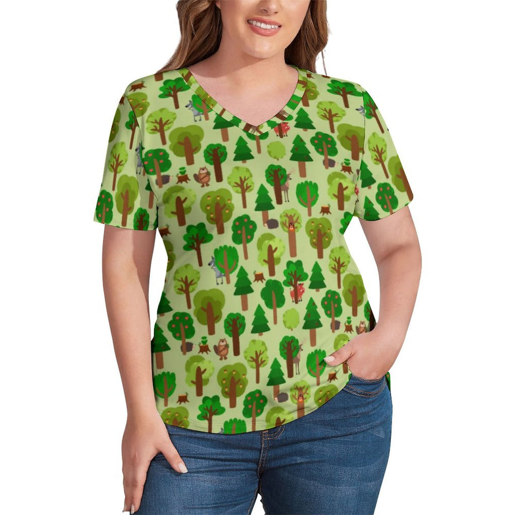 Midnight Forest Print T Shirt Bigfoots Adventure Elegant T Shirts V Neck Short Sleeves Tshirt Female Classic Tops Plus Size 4XL