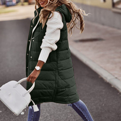 Women's Long Winter Coat Vest With Hood Sleeveless Warm Down Coat With Pockets Quilted Vest Down Jacket Quilted Outdoor Jacket#