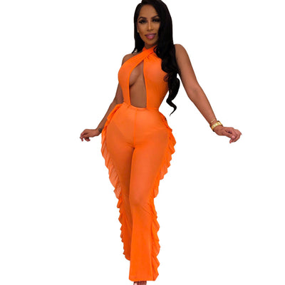 AHVIT Sexy Hollow Out Backless Ruffles Women Jumpsuits Sleeveless Halter Solid Color Fashion Party Club Romper EM2730