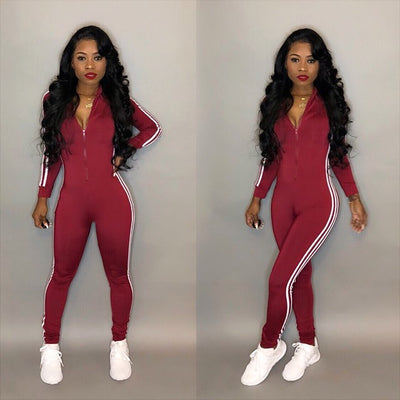 AHVIT Autumn Casual Sportswear Front Zipper Full Sleeve Bodycon Full Length Jumpsuits Red Black Color Women Bodysuit MC3019