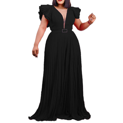 Plus Size Women Jumpsuits Solid Pleated V Neck One Piece Outfit 2022 Summer Female Casual Jumpsuit Wholesale Wide Leg Pants