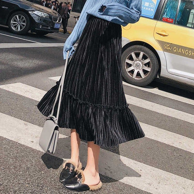 Women's Autumn Winter Velvet Elegant Korean A-line Skirts Ladies Solid Color Mid-length Pleated Slim Fashion All-match Skirts