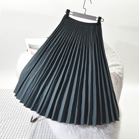 Women Pleated Skirt Autumn Winter Retro Chic Girls High Waist Dance Formal Grey Skirts Long Vintage Elastic Waist Office Wear