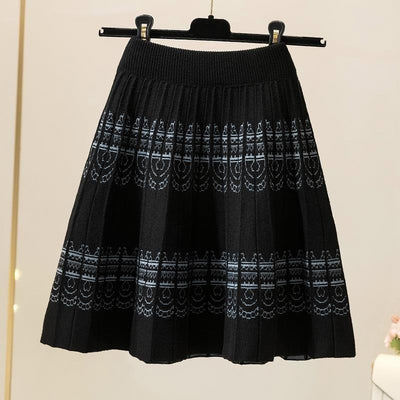 2022 Autumn Winter Sweater Skirt Women Vintage Print High Quality Pleated Mini Skirt Female Elegant Knit Skirts Jupe Femme Y701