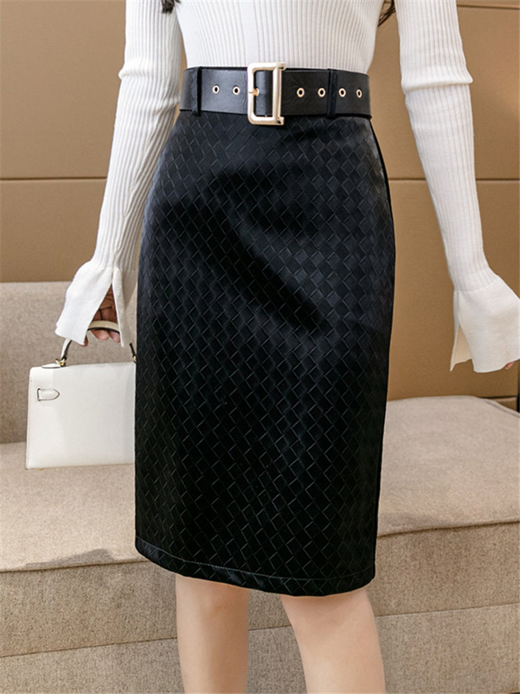Seoulish Black PU Leather Women&#39;s Wrap Skirts with Belted High Wasit Female Autumn Winter Straight Back Split Pencil Skirts 2022