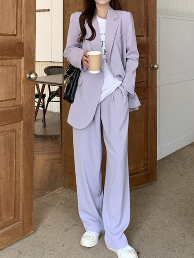 Women Purple Blazer 2 Pieces Set Solid Double Breasted Jacket Office Lady High Waist Pants Suit Female Korean Fashion Clothes