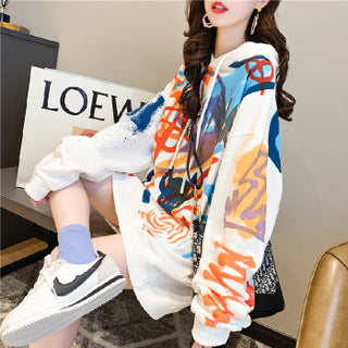 Autumn and winter new Korean loose hooded sweater women&#39;s Plush thickened coat printed casual Sweatshirt