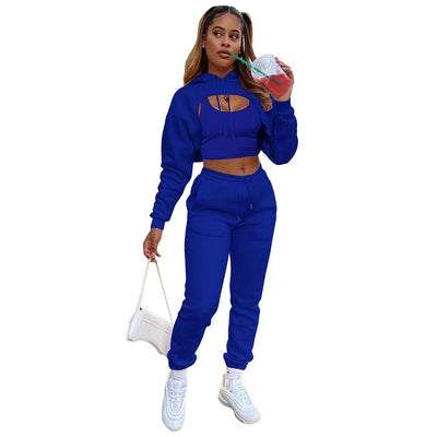 5sets Wholesale Items for Business Winter Fleece 3 Piece Set Sexy Y2k Crop Top Women Long Sleeve Hoodie Outfits Tracksuit B7671