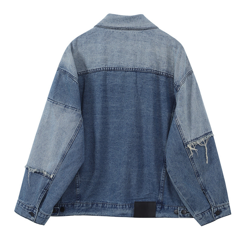 Stitching Contrast Color Denim Jacket Women Female Design Sense Spring Autumn Blue Shirt Ins Tide Long Denim Coat Chaqueta Mujer