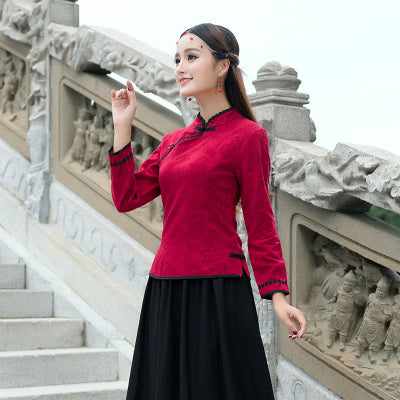 Sheng Coco Long Sleeve Chinese Blouse Drak Red Blouse Cotton Linen Qipao Shirt Long Sleeve Cheongsam Blouse Chinese Clothing