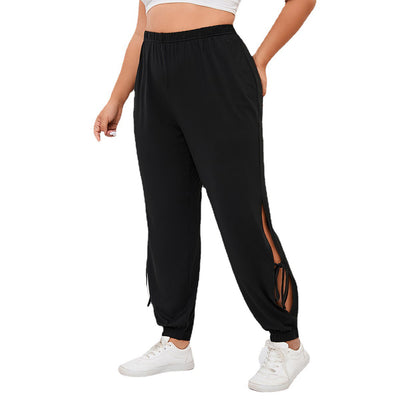 Brand New Plus Size Women Elastic Waist Cutout Lace-Up Drawstring Casual Loose Pants Cotton Blend Cotton Blend