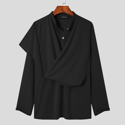 INCERUN Tops 2022 American Style Men Blouse Casual Streetwear All-match Stand-up Collar Irregular Shawl Long-sleeved Shirt S-5XL