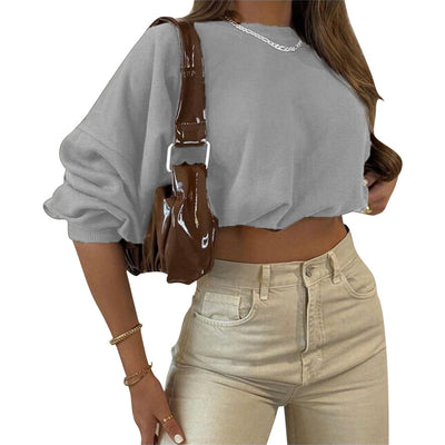 Women’s Casual Long-sleeved Spring Autumn Pullover Fashion Solid Color Loose Exposed Navel Sweatshirt Black/Grey/Brown