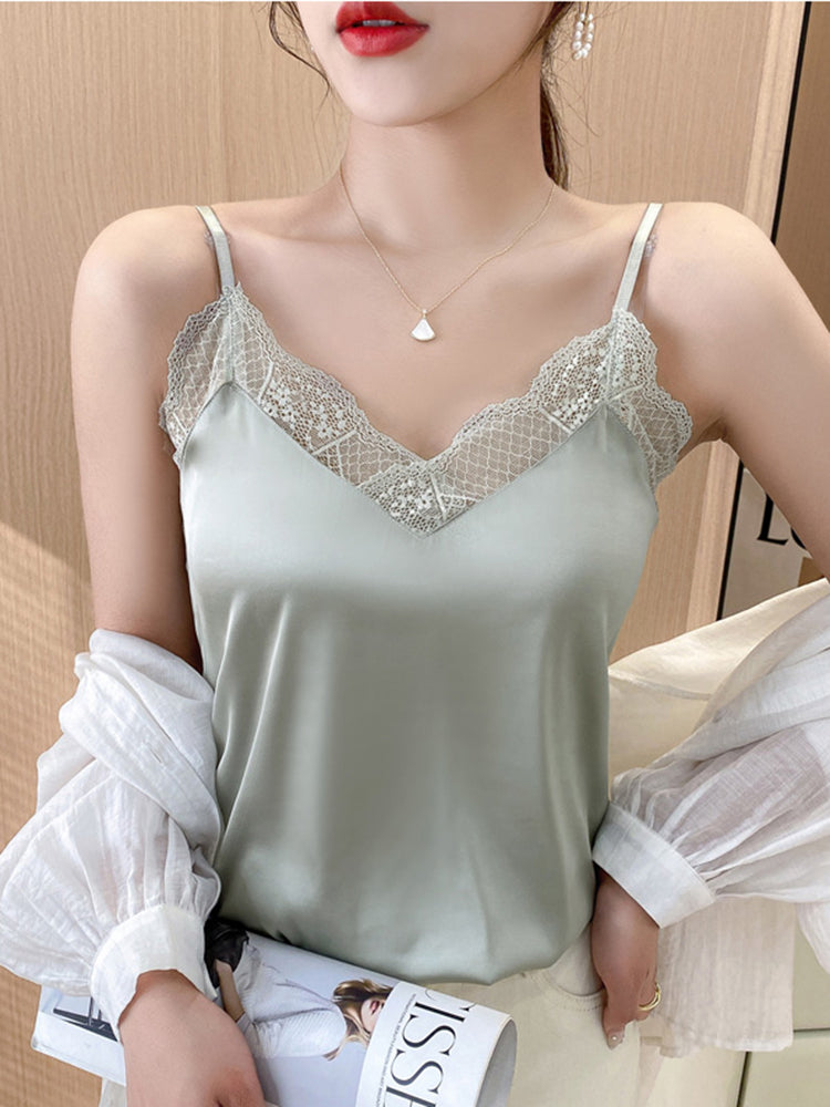 Camisole Women 2022 Summer Lace Patchwork Tops Strap Silk Top Black Sexy Halter V Neck Ladies Satin Tank Tops Female Tanks Camis