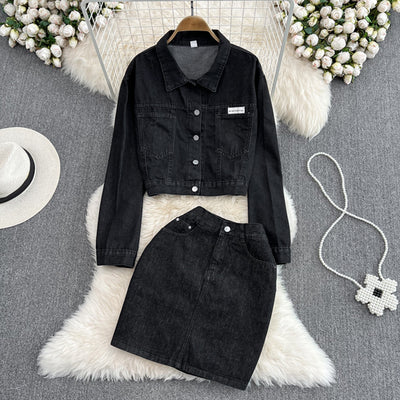 Denim Suit Women 2022 Autumn Retro Hong Kong Style Short Coat High Waist A-line Skirt Short Skirt Fashion 2-piece Set Tide